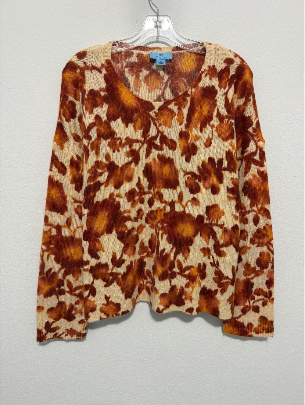 CeCe Long Sleeve Crew Neck Wool Blend Rust Orange Floral Sweater Size XL
